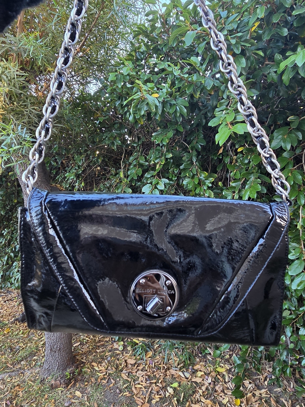 Elliott Lucca Black Patent Leather Chain Shoulder Bag